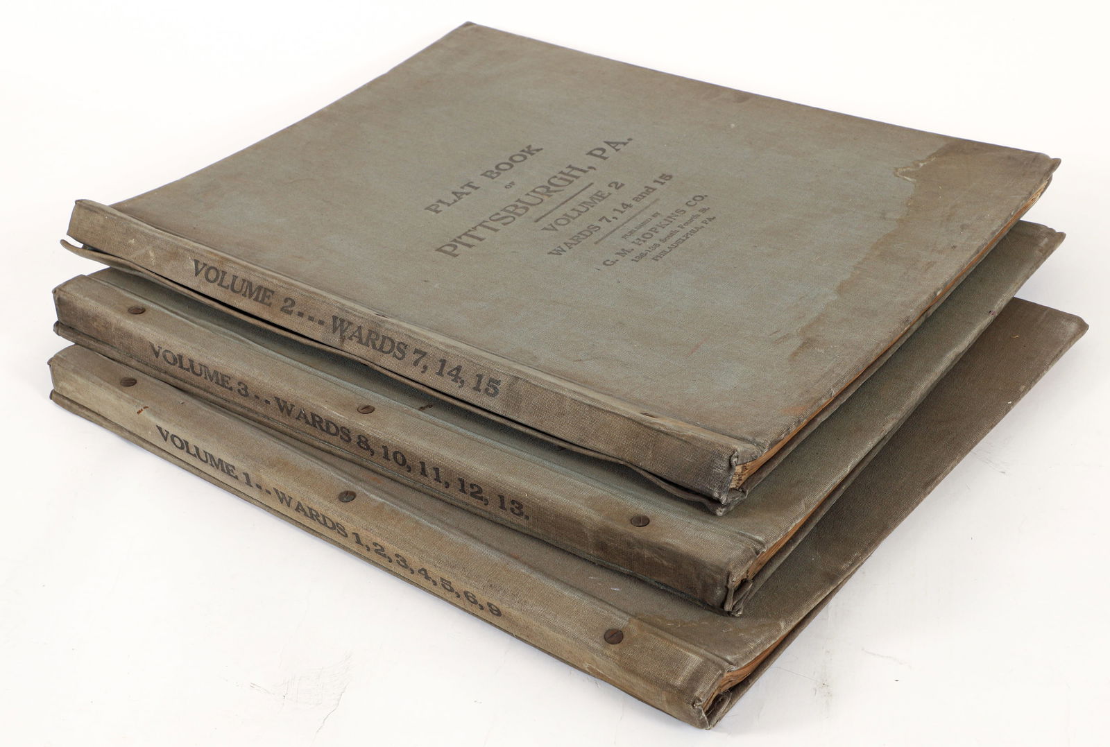 3 Volumes of Pittsburgh Real Estate Plat Books, 1923 and 1924: 3 Real Estate Plat Books of the City of Pittsburgh. Includes: Volume 1, 1924, Wards 1,2,3,4,5,6, and 9. Volume 2, 1923, Wards 7, 14, and 15. Volume 3, 1924, Wards 8,10,11,12, and 13. Published by G.M.
