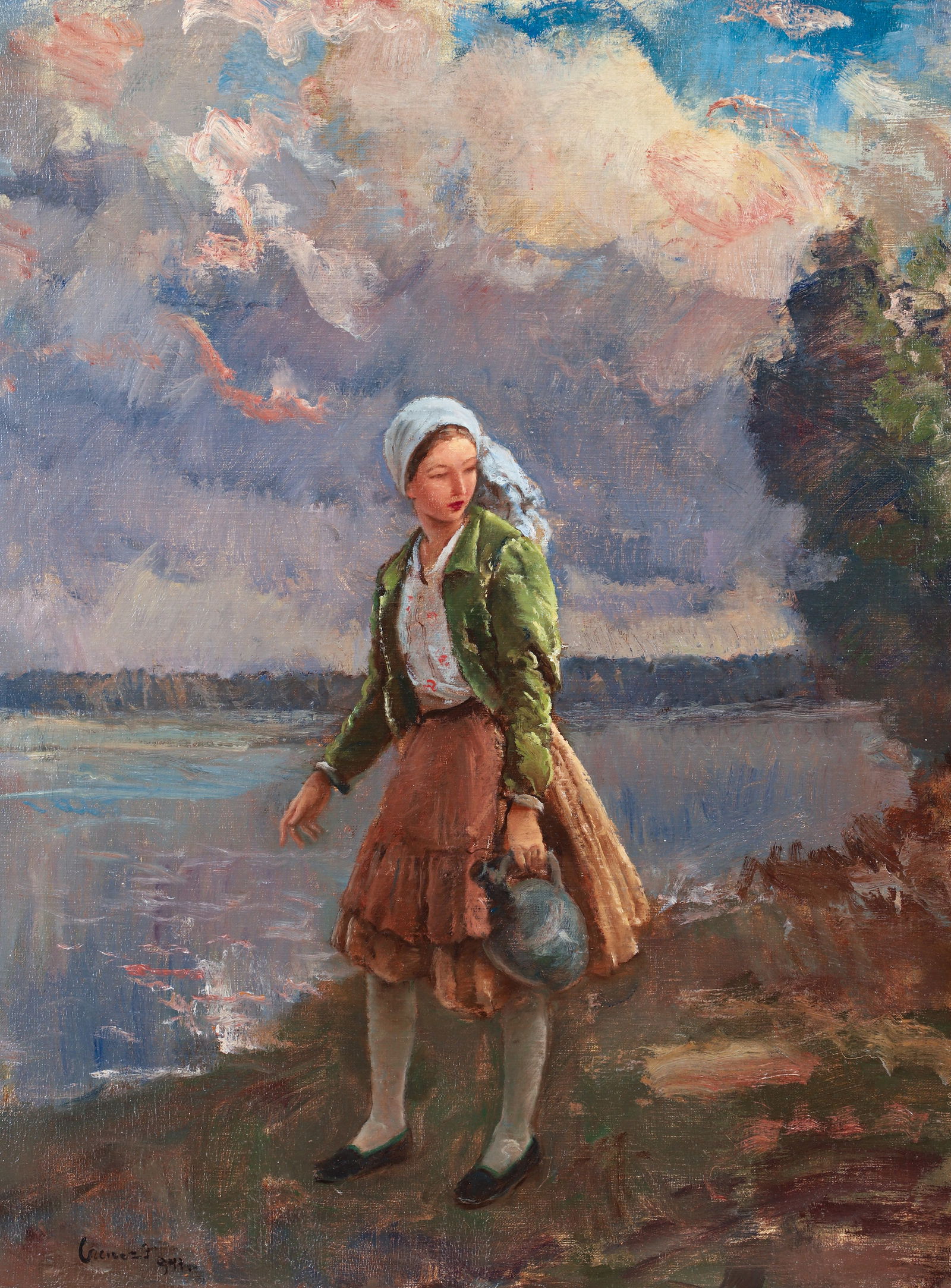 Janos Czencz 1947 painting Young Woman with Wine Jug along Lakeside: Czencz, Janos (Hungarian, 1885-1960), Young Woman with Wine Jug along Lakeside, 1947, oil on canvas, 31.5 x 23.5 inches, signed and dated lower left, framed 37 x 29.5 inches.