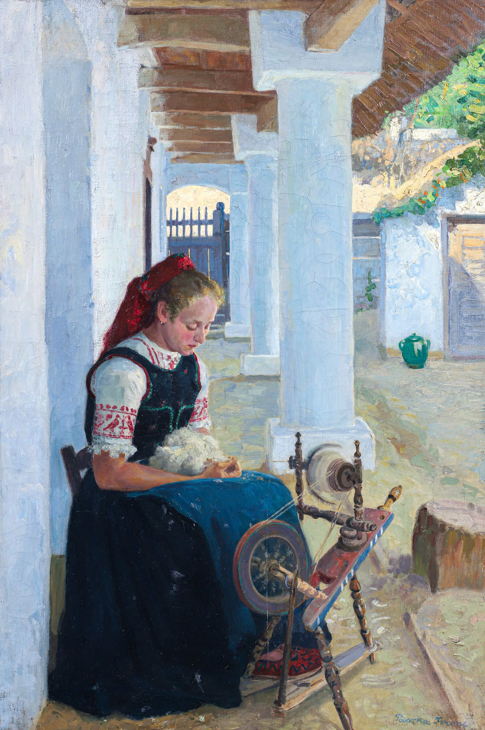 Franz Paczka Ferencz painting Bride at Spinning Wheel: Ferencz, Franz Paczka (Hungarian, 1856-1925), Bride at The Spinning Wheel, oil on canvas, 35.5 x 24 inches (91.5 x 62.5 cm.), signed lower right, framed in a carved and gilded wood frame measuring 41