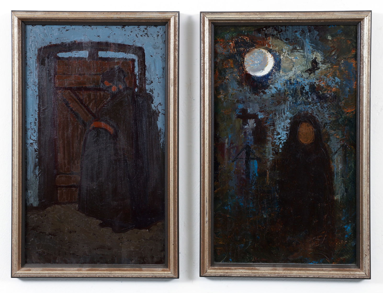 2 Mozsi Szabo Istvan paintings Pregnancy and In the Cemetery: Istvan, Mozsi Szabo (Hungarian, 1927-2019), Pregnancy, and In the Cemetery, 1972, oil on board, 20 x 12 inches, (50 x 30 cm.), one signed (likely created as a diptych), both dated and titled on board