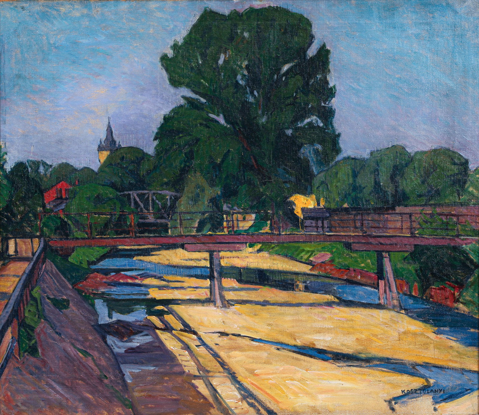 Gyula Kosztolanyi-Kann oil painting Hid a Patak Felett: Kosztolanyi-Kann, Gyula (Hungarian Artist and Architect, 1868-1945), Hid a Patak Felett (Bridge over The Stream), oil on canvas, 23.5 x 27.5 inches, (60.5 x 70.5 cm.), signed lower right, Provenance: