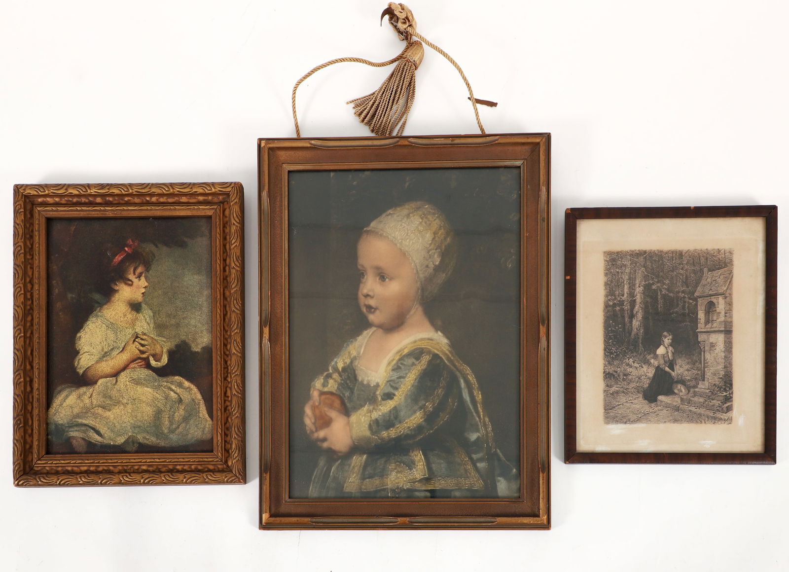 3 Prints After Van Dyck, Joshua Reynolds, Hubert Salentin: 3 Prints. Includes: An offset lithograph on textured board after The Age of Innocence by Joshua Reynolds, an engraving on paper after Baby Stuart by Van Dyck, and an etching on paper after Prayer in t