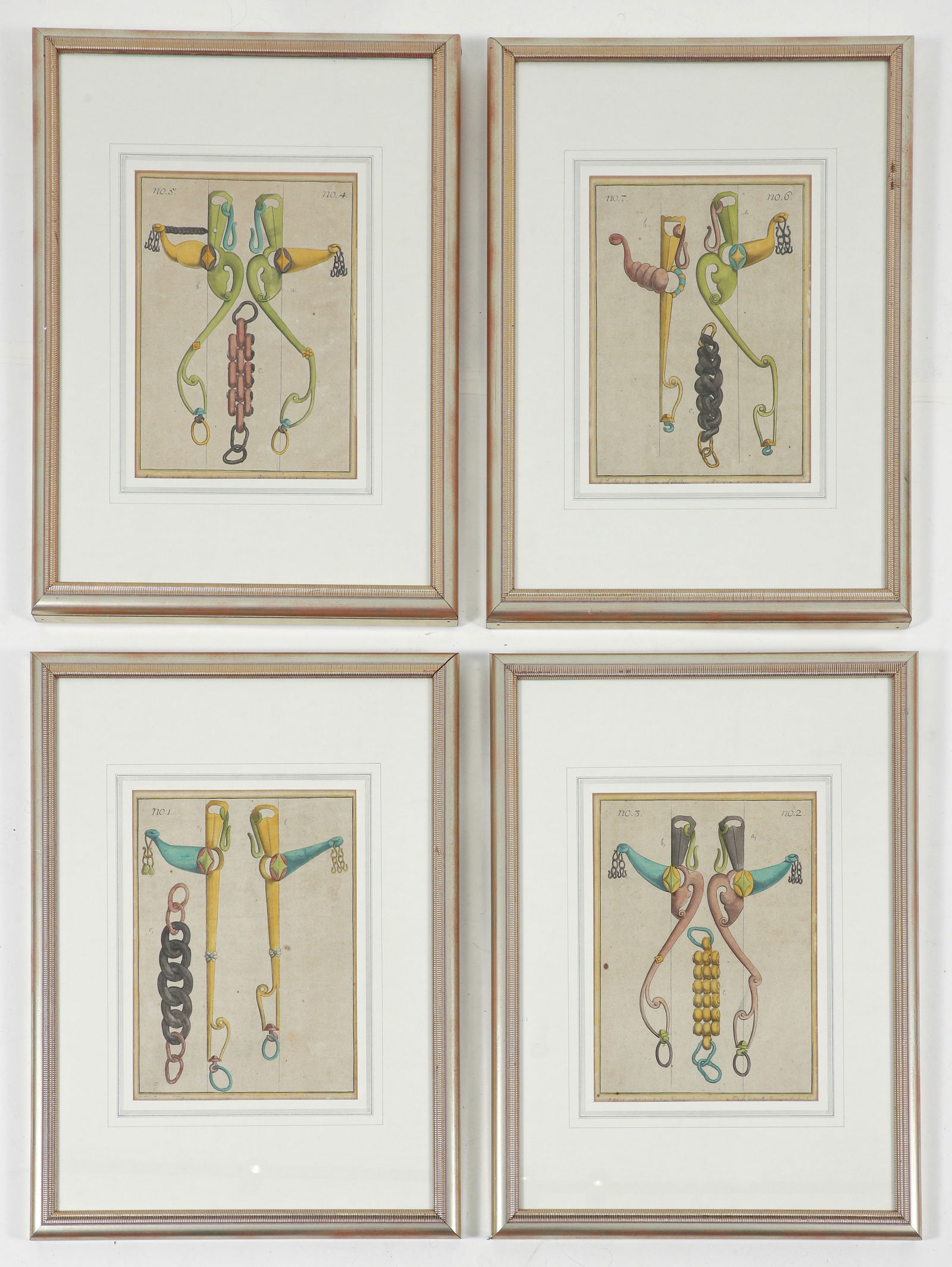 4 Horse Bridles Ornament hand colored engravings L?Art De Monter a Cheval c.1760 (1 of 5)
