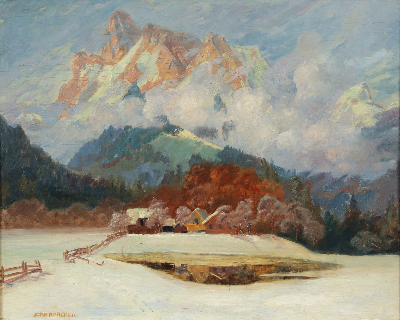 Joan Anacker Oil on Board Bavarian Mountain Village: Anacker, (Joan) Jean (German, 1878-1955), Bavarian Alps Mountain Village, early 20th century, oil on board, signed at lower left. Board 19 x 23 inches, in a 23.5 x 28 inch gilt frame.