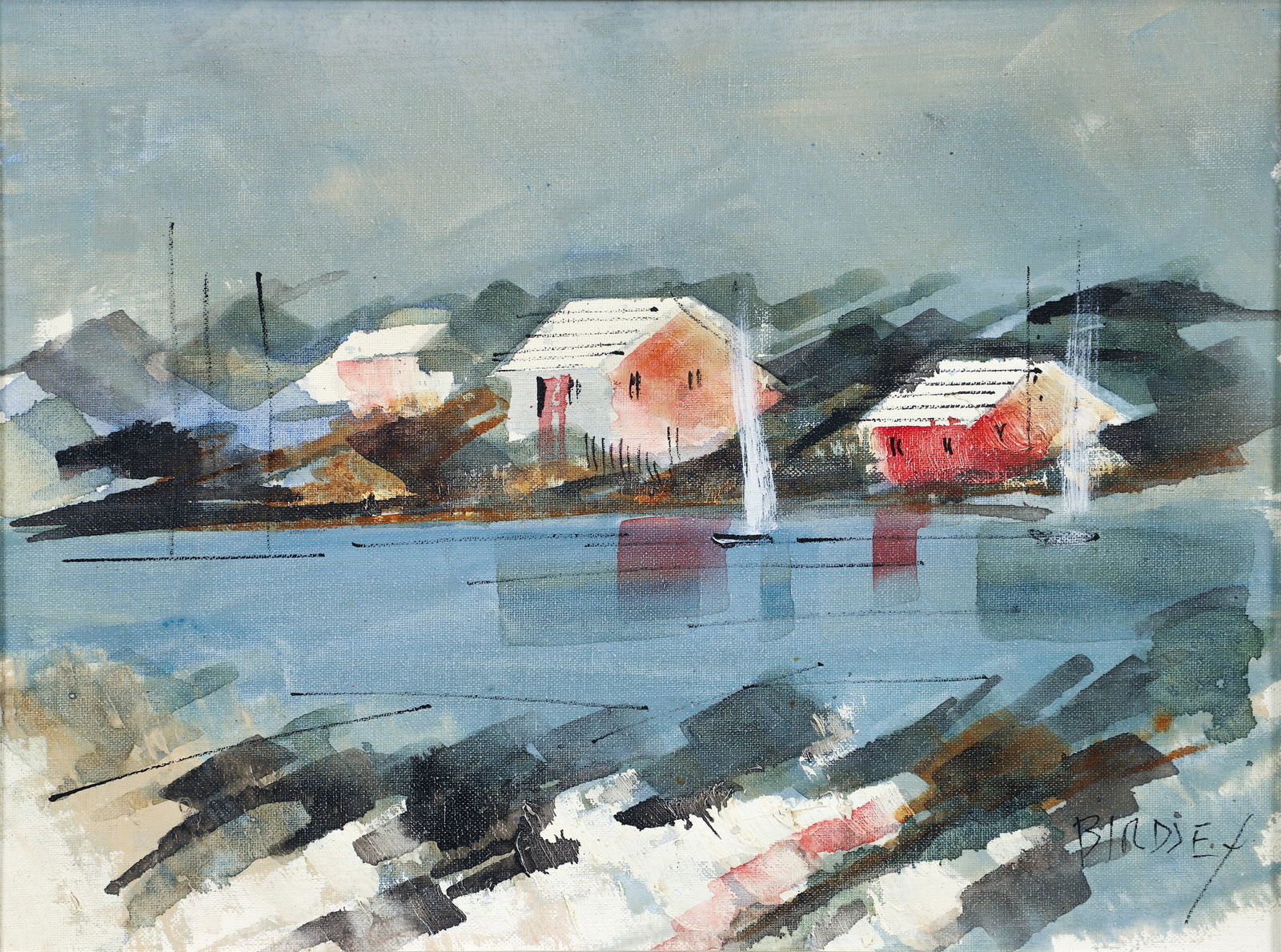 Alfred Birdsey oil Red Flower Road Bermuda: Birdsey, Alfred (English/Bermuda, 1912-1996), Red Flower Road, oil and mixed media on canvasboard, 12 x 18 inches, signed lower right, framed measuring 13.5 x 17.5 inches, provenance: acquired from th