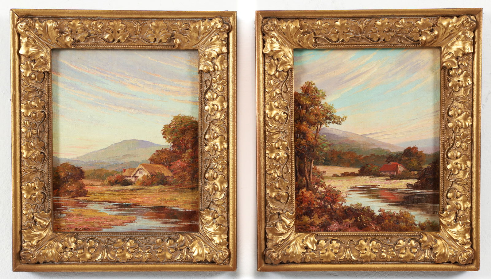 2 William Bradley Oil on Board Pondside Mountain Cottages: Bradley, William (American, 1880-1945), Both depicting pond side mountain cottages, early 20th century, both oil on board, both signed at lower left. Board , in matching gilt frames.