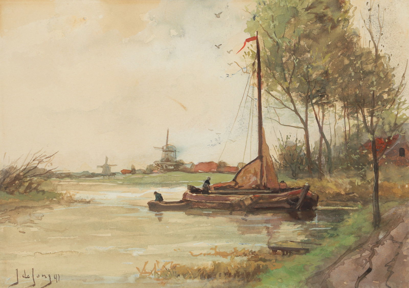 Jan de Jong 1896 watercolor Fishing Barque and Windmills (1 of 3)