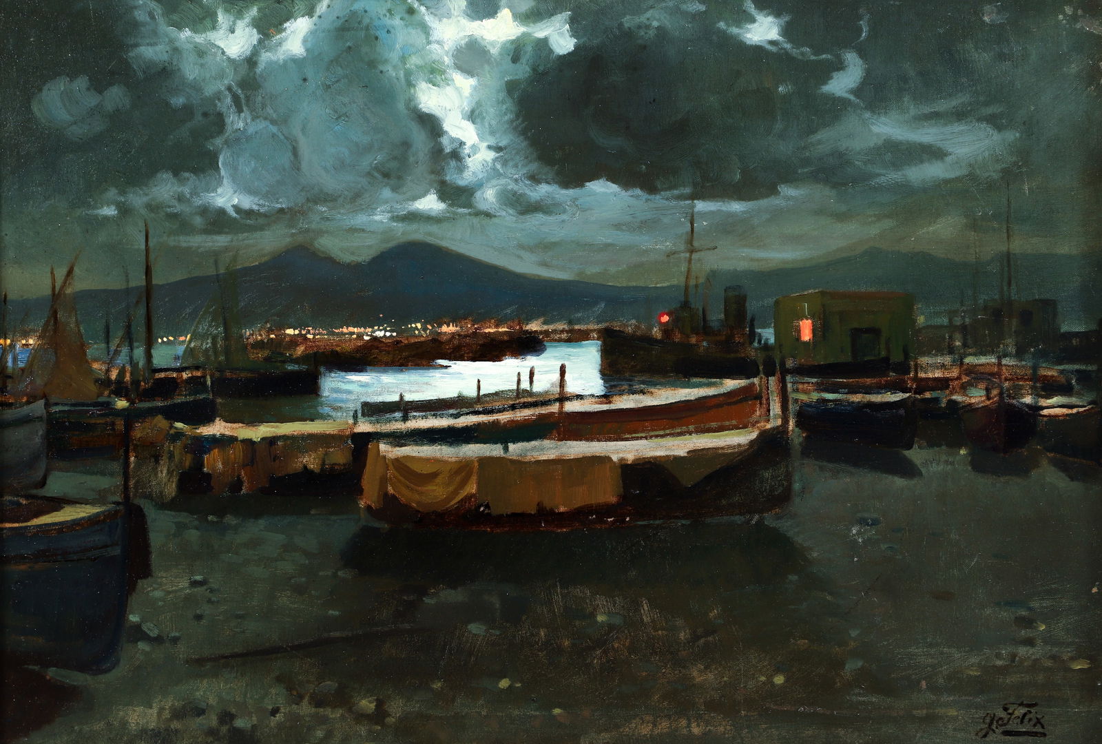 L. Felix Harbor Scene at Night Oil on Board (1 of 3)