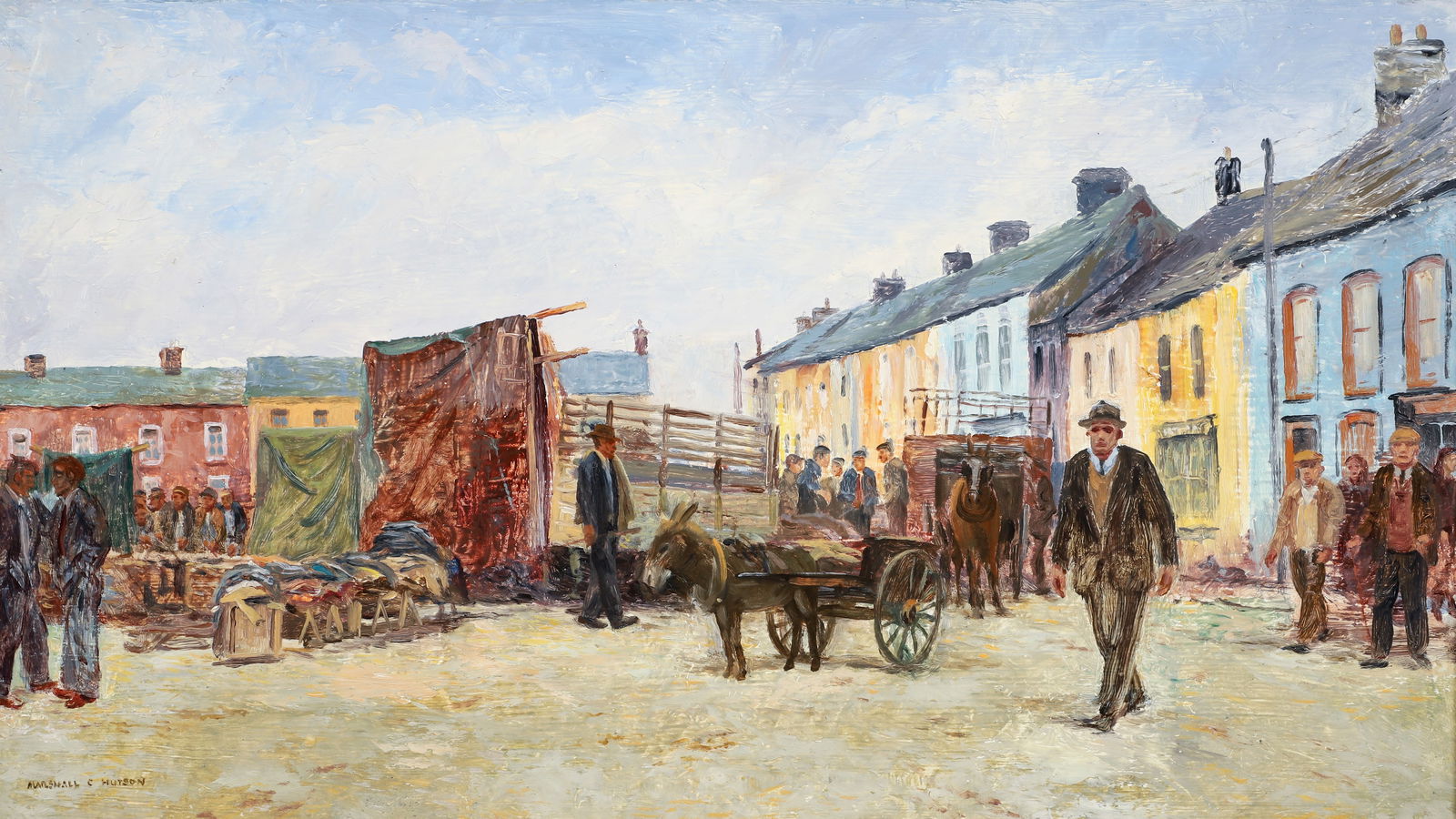 Marshall C Hutson oil Open Air Market, Ireland: Hutson, Marshall C. (Irish/English, 1903-2001), Open Air Market, Ireland, oil on masonite, 16 x 28 inches, signed lower left, Provenance: Freeman's 'Fine American & European Paintings' 06/19/2011 , lo