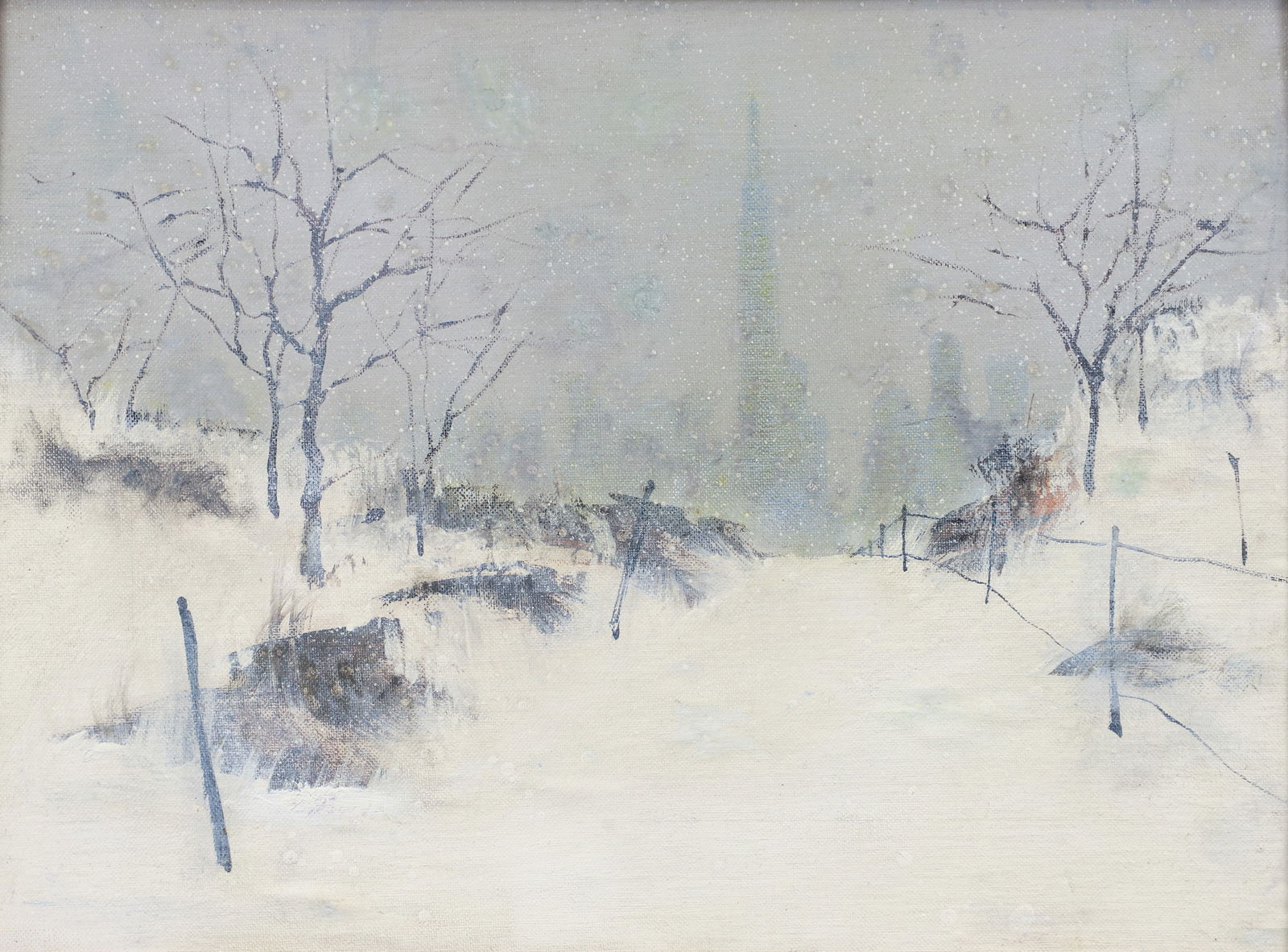 Snowy View of New York in style of Johann Berthelsen: Manner of Johann Berthelsen, Snowy View of New York City, oil on canvasboard, 12 x 16 inches, framed measuring 20 x 24 inches, attribution in unknown hand to the verso.