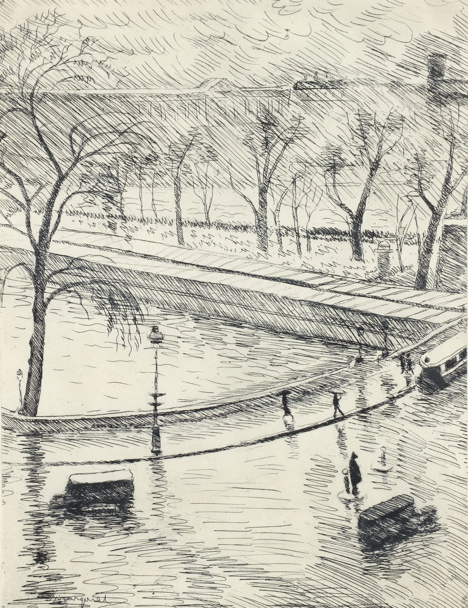 Albert Marquet Le Pont Neuf Etching on Paper: Marquet, Albert (French, 1875-1947). Paris le Pont Neuf, 1938, etching on paper. Signed 13 x 10.25 inches.