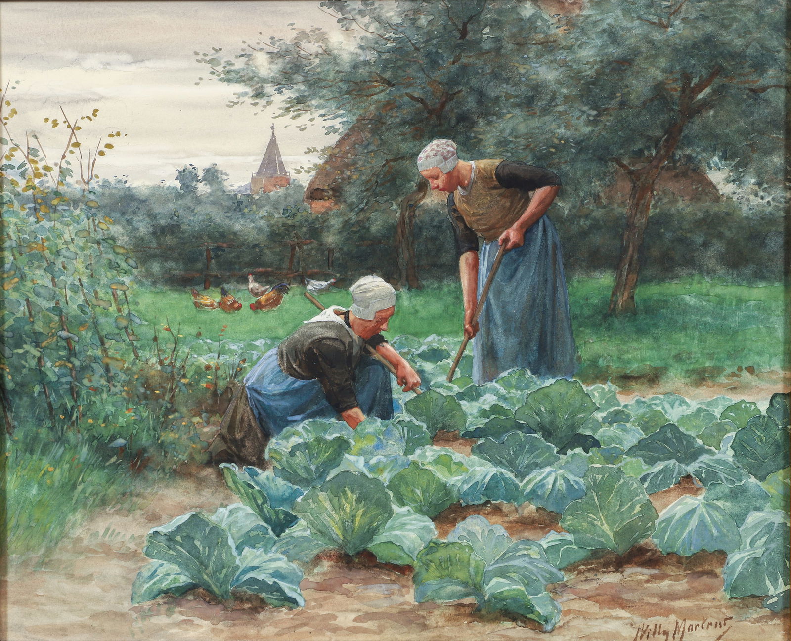Willy Martens early 20th Century watercolor Tending The Garden: Martens, Willy (Dutch, 1856-1927), Tending The Garden, watercolor, 18 x 21.5 inches, signed lower right, framed in a gilded and extensively scrolling French style frame measuring 25.5 x 30 inches, Pro