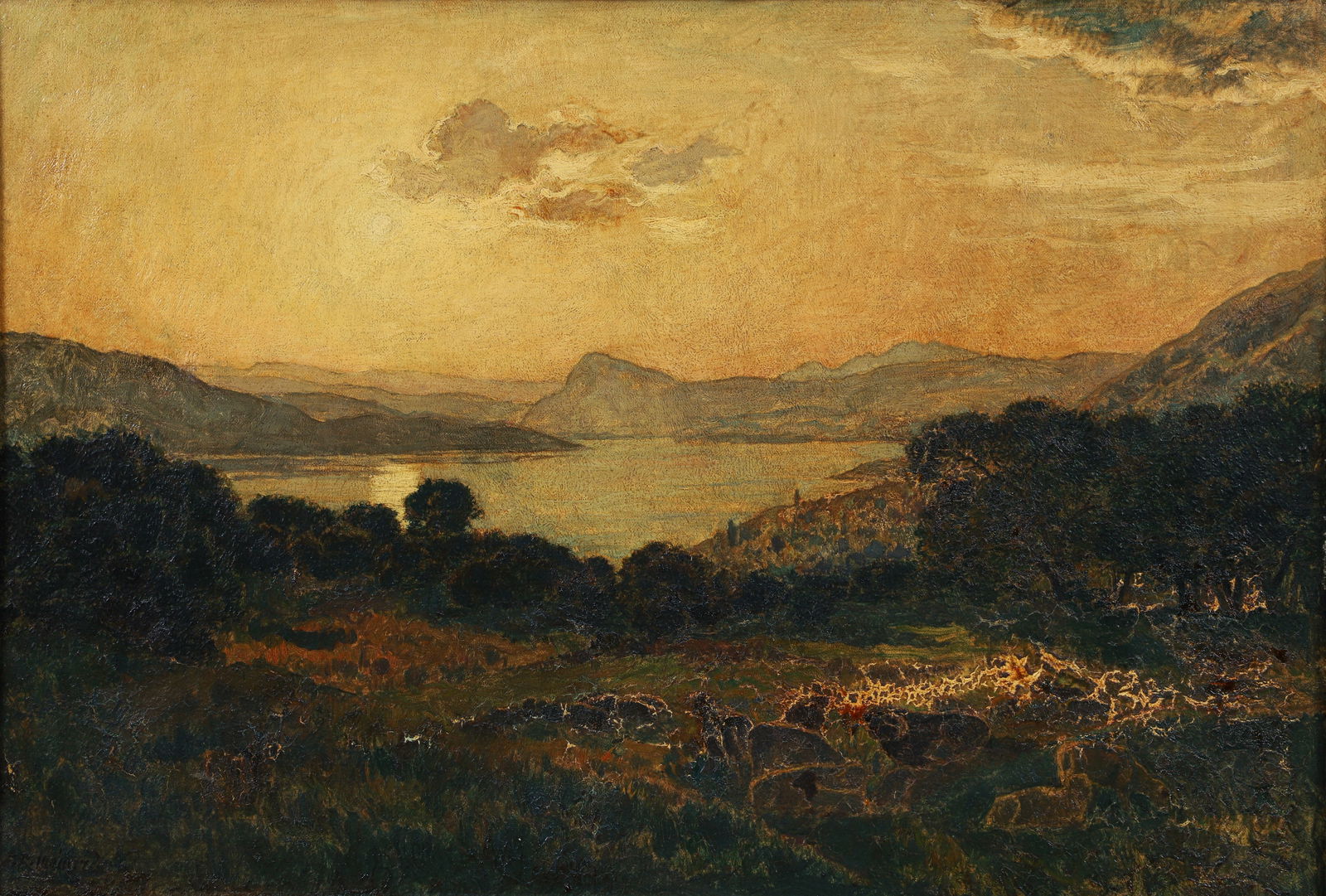 Emile Rene Menard Sunset Over Lake Annecy Oil on Canvas c.1900: Menard, Emile Rene (French, 1862-1930), Coucher de soleil sur lac d'Annecy [Sunset Over Lake Annecy], likely 1900-1910, oil on canvas, signed lower left, 19.5 x 29 inches, in a period wood frame 25 x