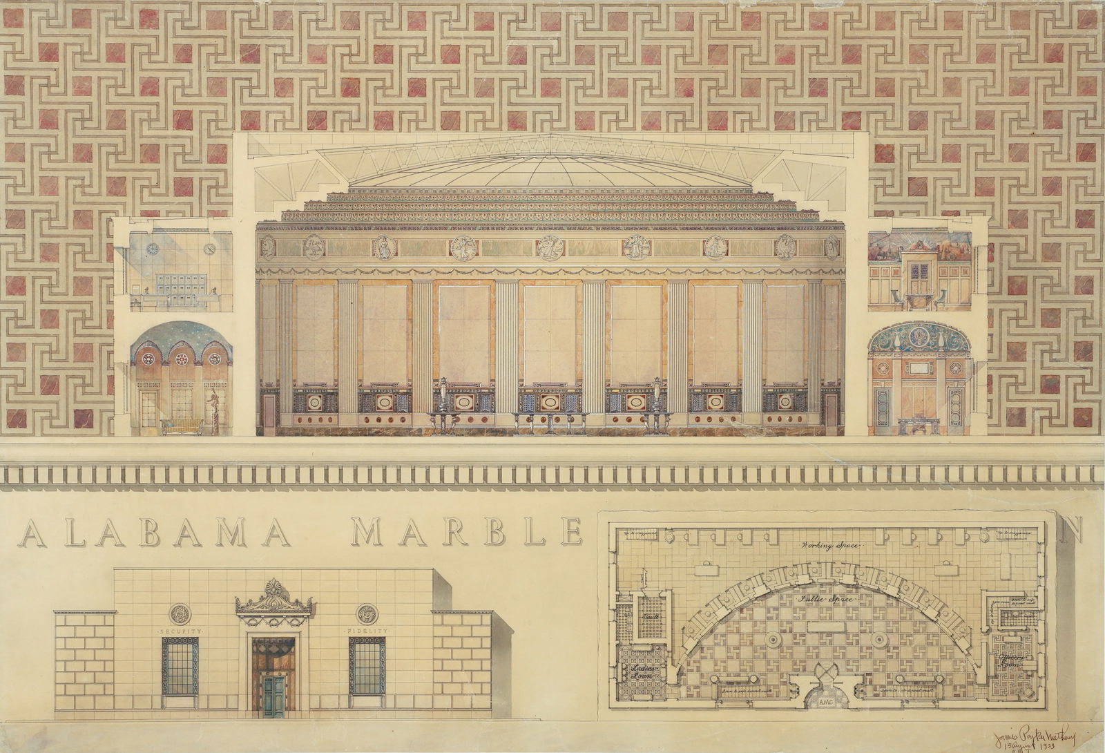 James Methany 1923 rendering for a Bank Interior: Methany, James Parker (19th/20th Century Philadelphia Architect), Architectural Rendering of a Bank Interior, 1923, watercolor, ink, pencil, and ink wash drawing, 25.5 x 40 inches, signed and dated lo