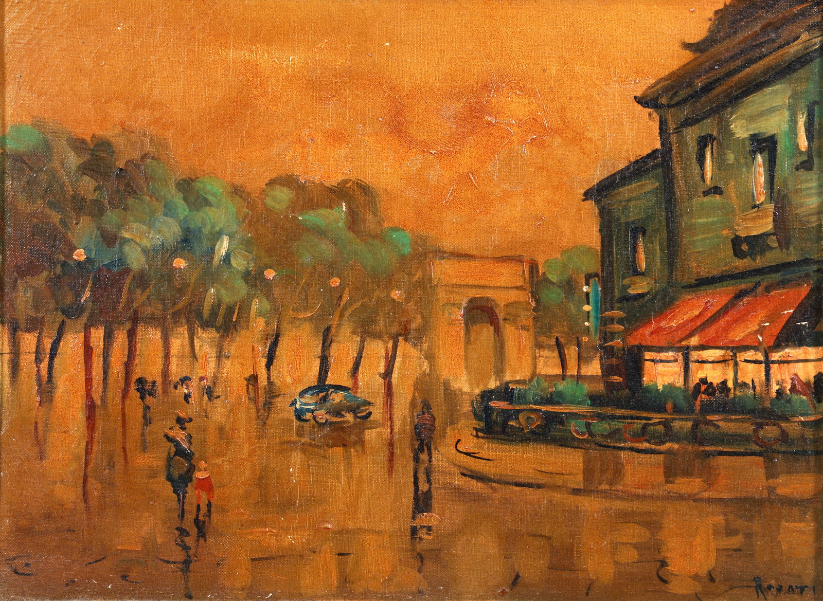 20th Century School of Paris painting Near the Arc de Triomphe: Mid 20th Century French School, Paris Near the Arc de Triomphe, oil on canvas, 12 x 16 inches, signed indistinctly lower right, framed measuring 16.5 x 20.5 inches, Provenance: Imported by Reliable Ar