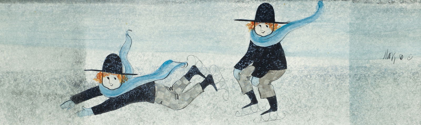 P. Buckley Moss watercolor and ink drawing Amish Skaters (1 of 3)