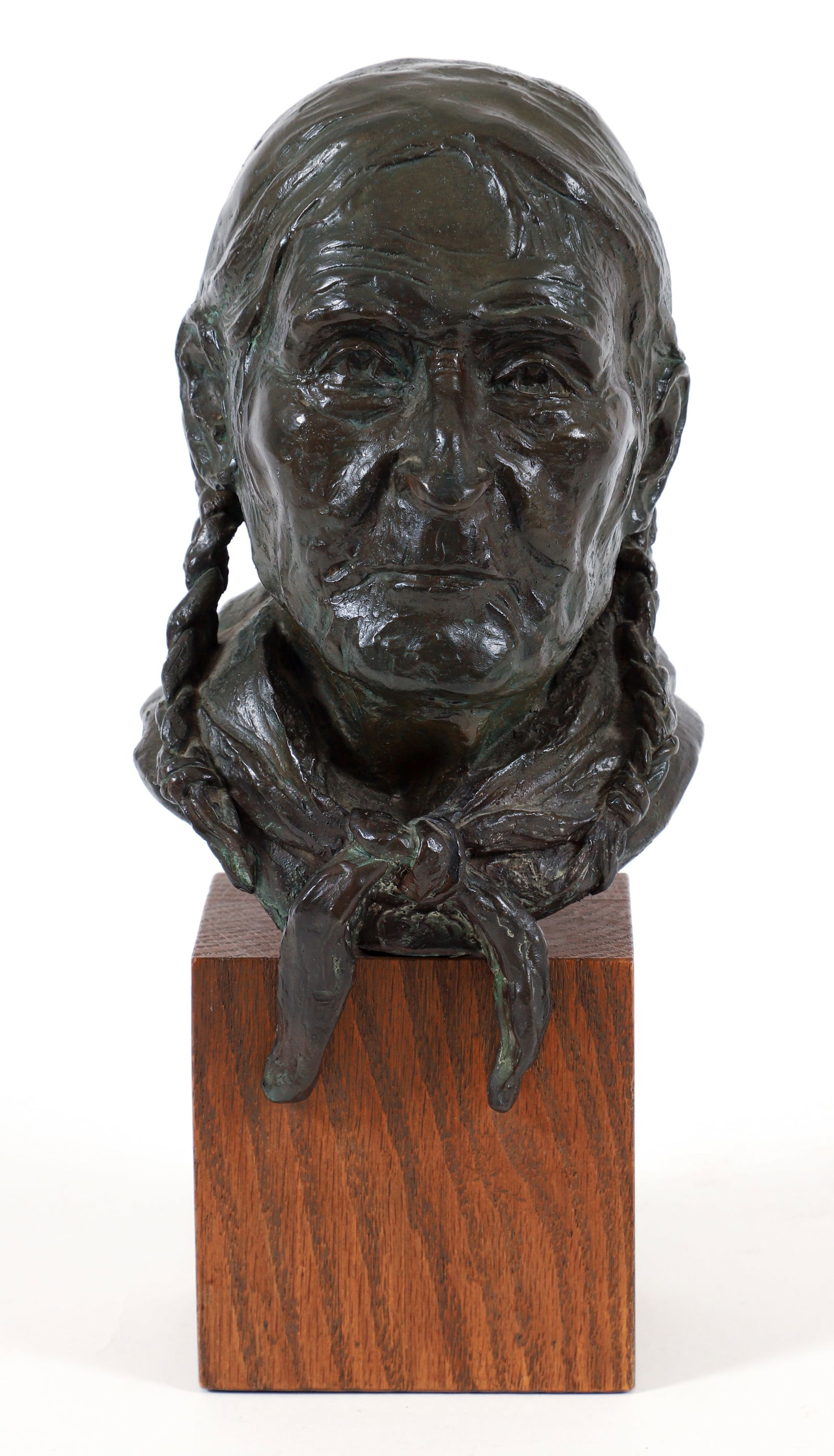 Harold Pfeiffer Bronze Johnny Powderface: Pfeiffer, Harold (Canadian, 1908-1997), Johnny Powderface, Stoney First Nation, Alberta Peoples, 1980, bronze bust, incised signature, J.P., editioned 5/12, and dated along lower edge of the back of t