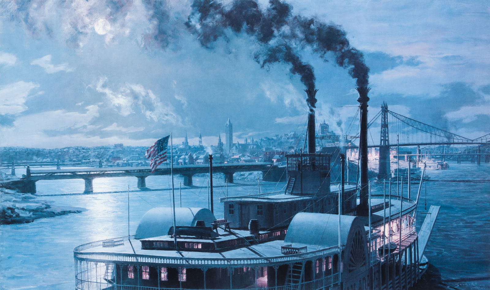 John Stobart litho Pittsburgh, The Sidewheeler Steamer 'Dean Adams' Arriving at the Point in 1880 (1 of 3)