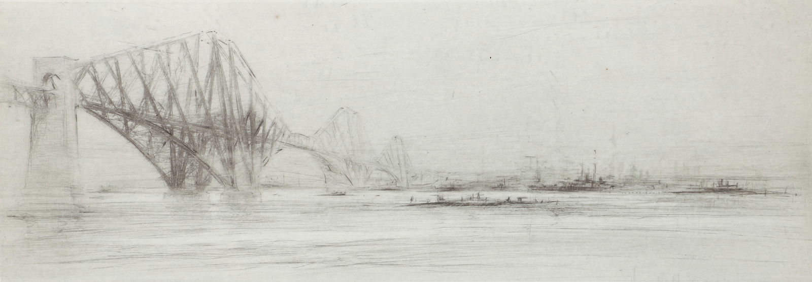William Walcot 1922 drypoint etching The Forth: Walcot, William (English, 1847-1943), The Forth, (Bridge at the Firth of Forth), 1922, (Ref: Dickins 74), drypoint etching, 3.75 x 10.25 inches, pencil signed lower right margin, framed measuring 11 x