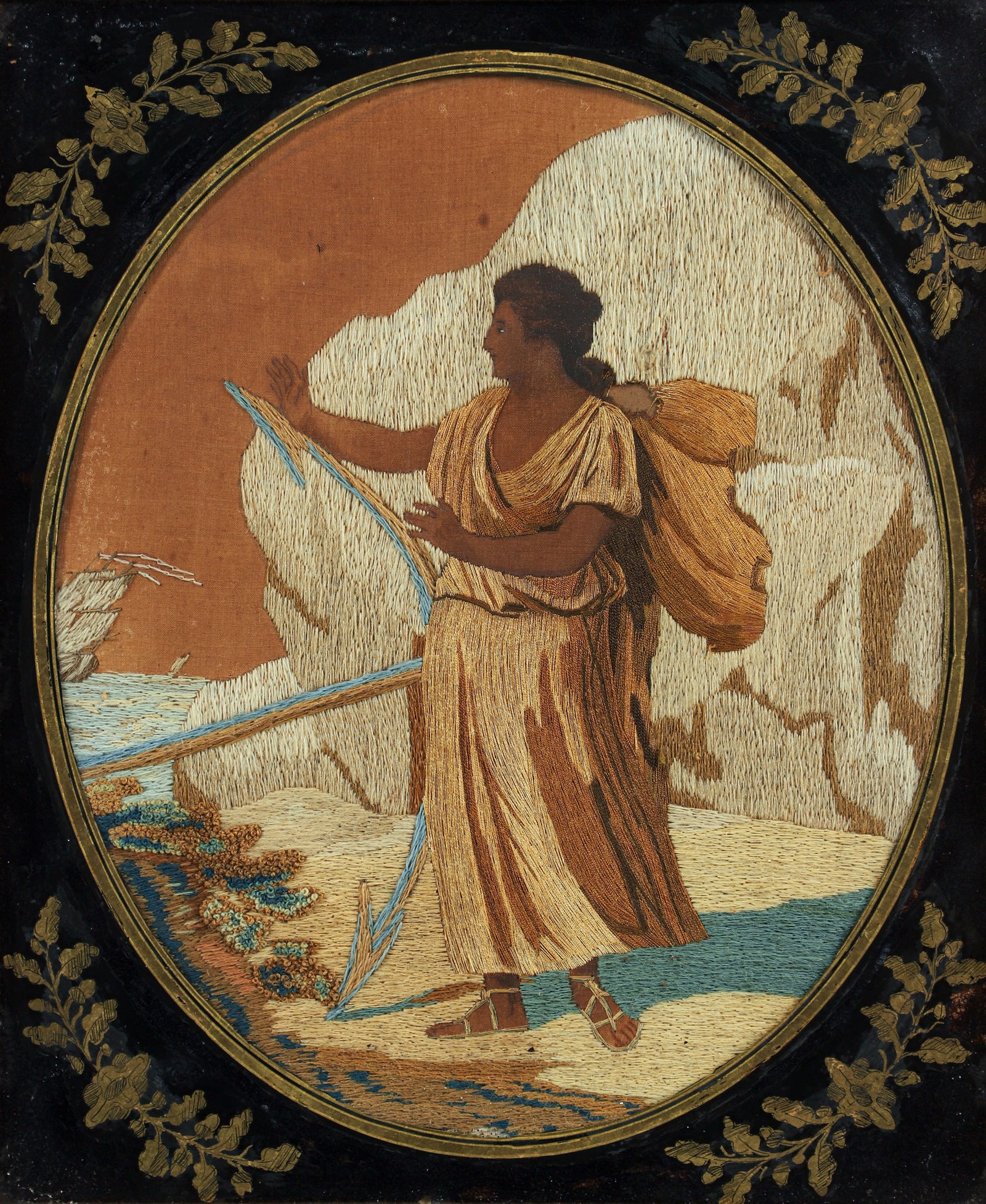 Antique Eglomise Gold Leaf Reverse Painted Glass with Embroidery: 19th century Eglomise Gold Leaf Reverse Painted Glass, with embroidery showing an allegorical nautical scene (winged figure with anchor and windswept boat), in a period gold painted wood frame 19 x