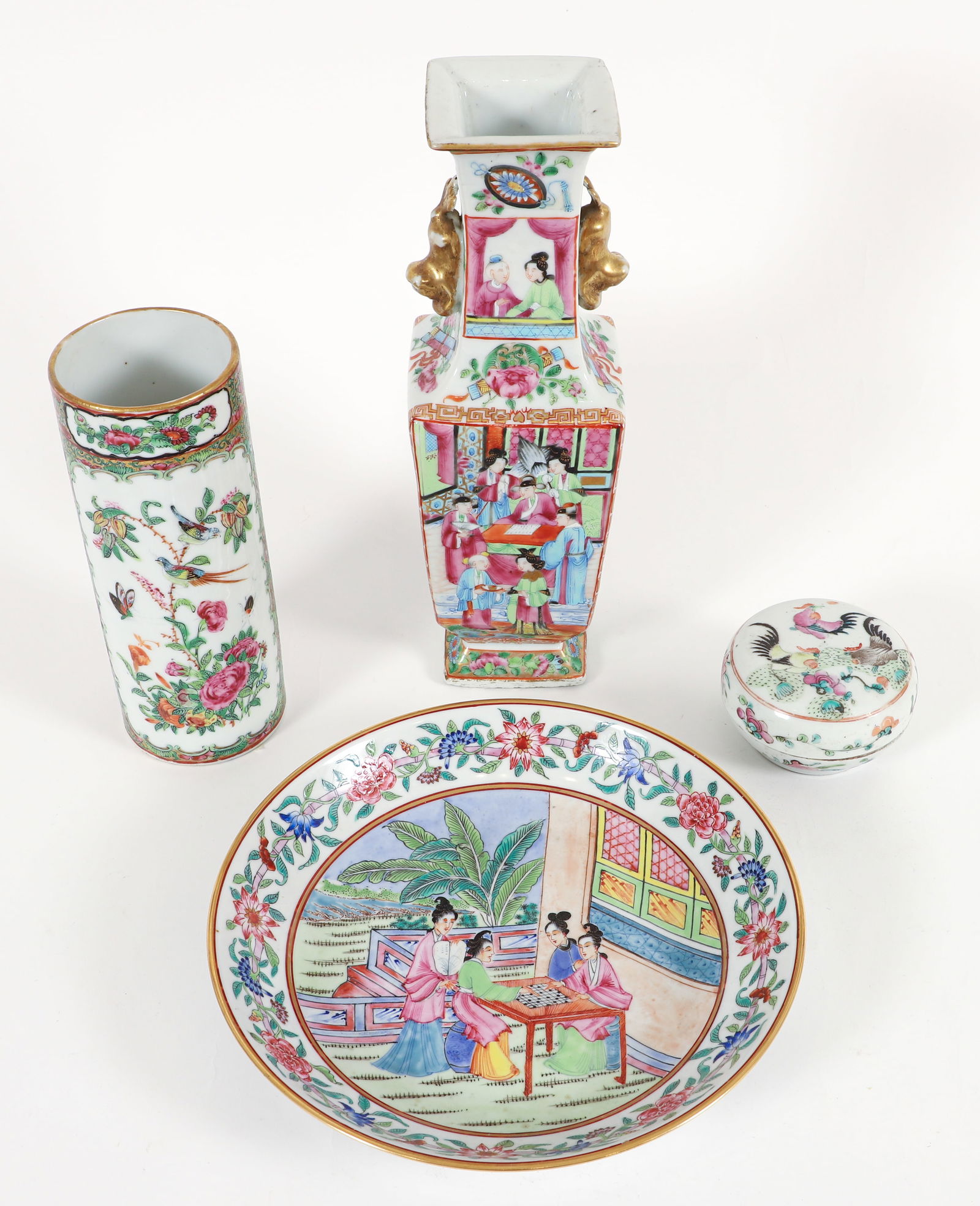 4 Chinese Porcelain Pieces, Hat Vase, Covered Box, Dish (1 of 7)