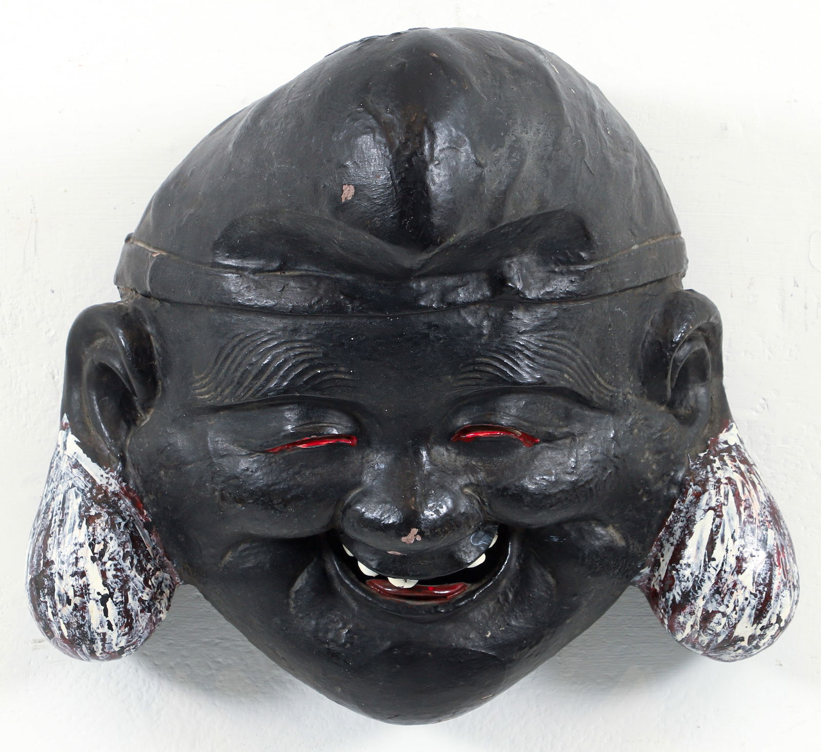 Japanese Meiji Ebisu painted ceramic mask, late 19th or Early 20th Century: Japanese Kagura painted plaster Ebizu mask, Ebizu, late 19th or early 20th Century, 13 tall x 14 wide x 9 depth inches, unmarked but very well detailed,