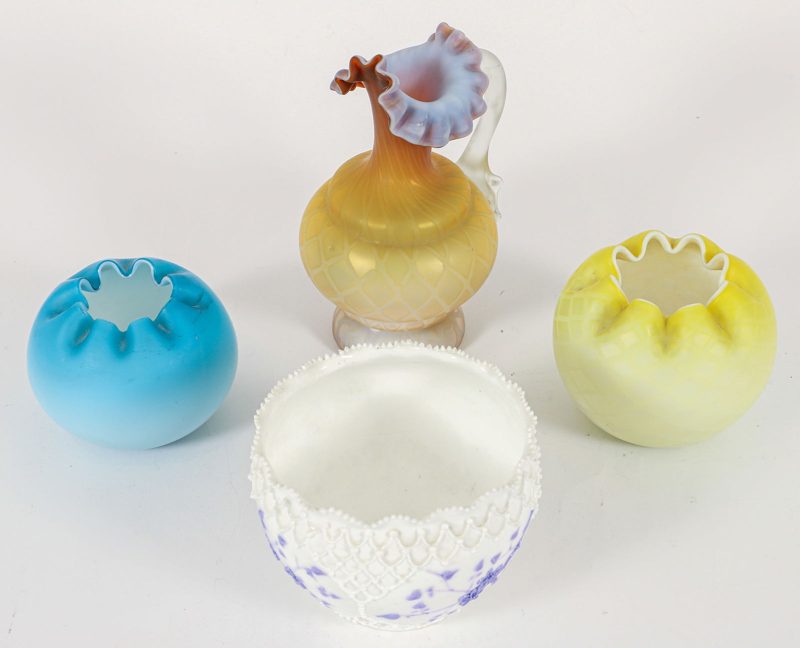 4 Pc. Victorian Satin Glass, Taylor and Knowles Lotus Ware: One Knowles, Taylor, and Knowles porcelain Lotus Ware Vase, 1890, East Liverpool, OH. Early example of fishnet pattern to exterior with violet floral decoration. Three Victorian cased satin ware piece