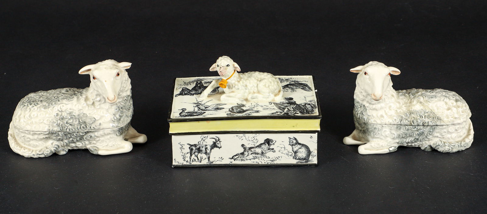 3 Mottahedeh Italian Lamb themed Boxes: 3 Lamb Shaped ceramic box and lidded ceramic box with resting prized lamb pull, with transfer ware decals of various game animals , 4.5 x 6.25 x 4.25 lidded box lamb shaped box 4 x 6 x 2.5 inches. Pro