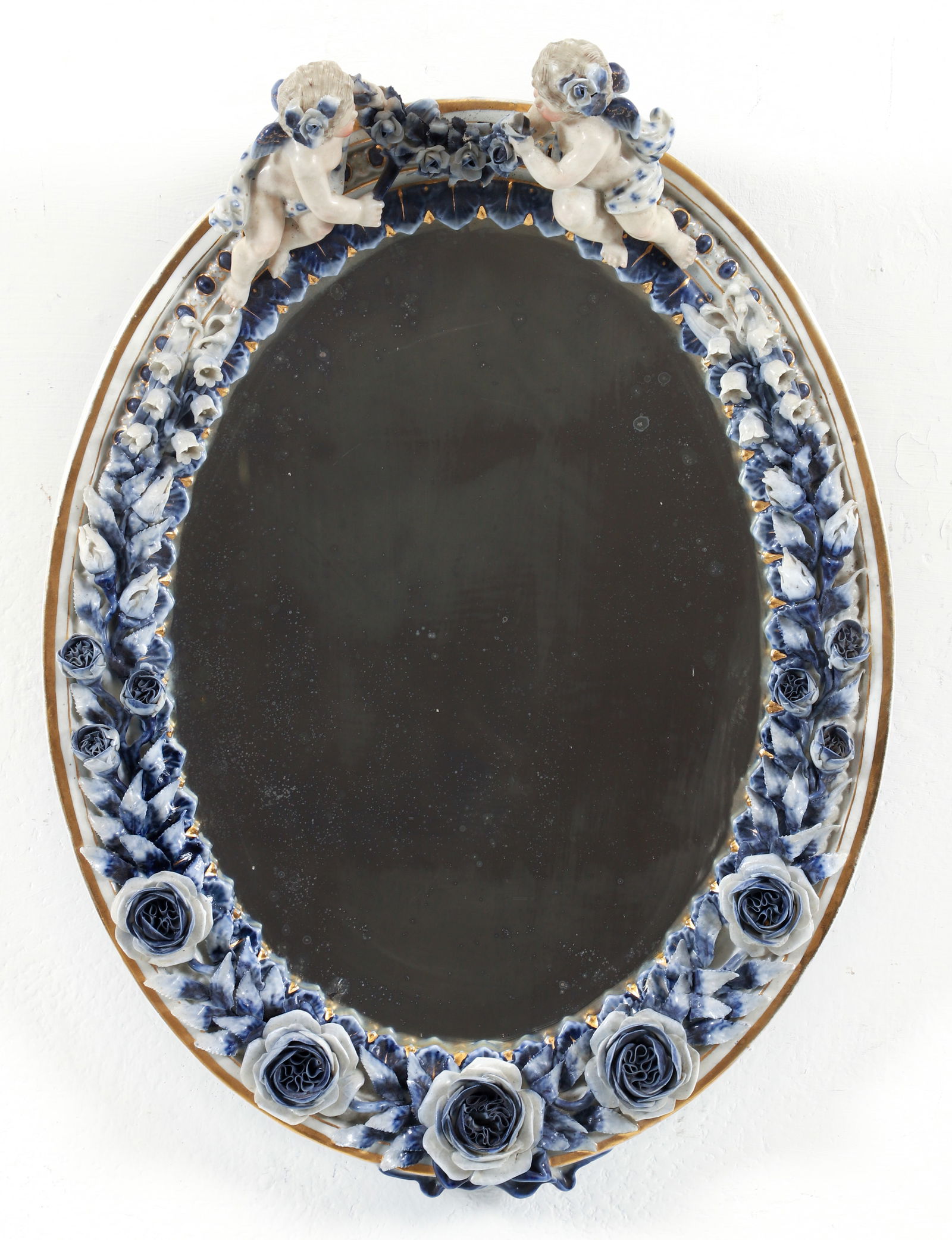 Capodimonte mirror surmounted with Cherubs holding a garland of Blue Flowers (1 of 4)