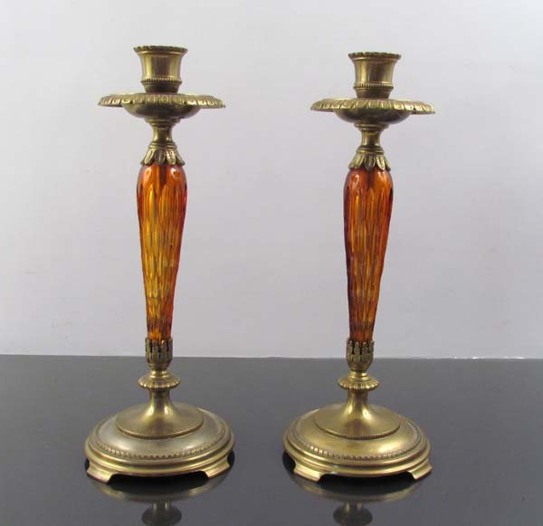 Candlesticks, pair, Bronze mounts and colored cut glass: Artist: Pairpoint Manufacturing Company Title: Candlesticks, pair, Bronze mounts and colored cut glass Medium: brass, cut glass Dimensions: 14.25 inches tall