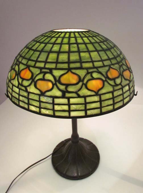 Tiffany Studios Leaded Acorn Lamp: Artist: Tiffany Studios Title: Stained Glass Lamp with Acorn decoration Medium: stained glass Dimensions: 14 inch diameter (shade) Signature: Base marked Tiffany Studio 28608, top marked Tiffany Stud