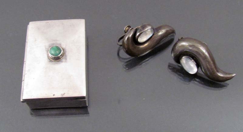 Mexican Silver earrings and Pill box: Medium: Silver, turquoise, other Dimensions: Box is .5 x 1.5 x 1 inches, earrings 1 1/8 inches Signature: box stamped Mexico Silver on bottom, earrings stamped Hecho en Mexico