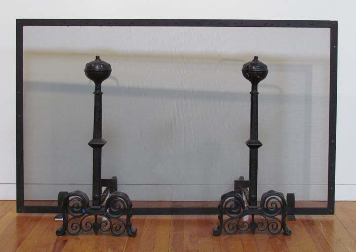 Arts & Crafts Forged Iron Fireplace Set: Title: Arts & Crafts Forged Iron Fireplace Set with Andirons and Screen with tracery decoration Medium: iron Dimensions: andirons: 28.5 x 22 x 11 inches; screen: 34.75 x 56.25 x 7.5 inches
