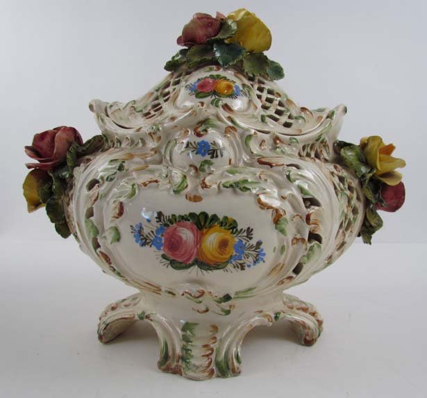 Italian Faience Decorated Tureen: Title: Italian Faience Decorated Tureen, decorative Medium: porcelain Dimensions: 12 x 13.5 x 9.5 inches Signature: Made in Italy stamp Provenance: Mary McBride