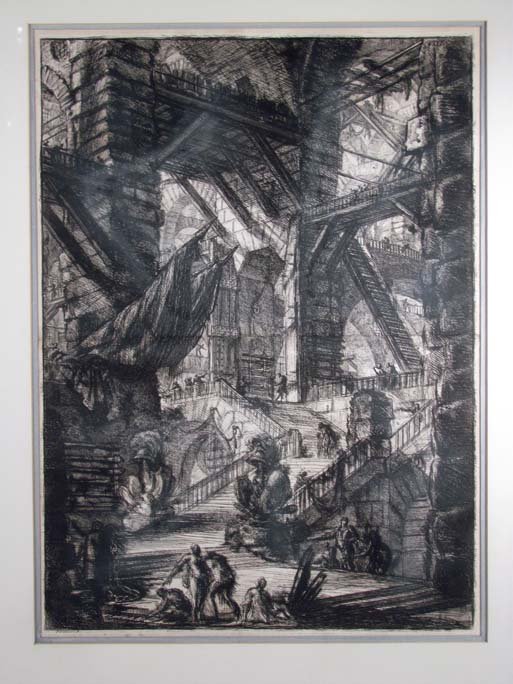 Giovanni Piranesi "The Staircase with Trophies" fr. Car: Artist: Piranesi, Giovanni B. (Italian, 1720-1778) Title: The Staircase with Trophies (Hind 8, Robinson 34) (6th State) (Plate VIII) (From the Carceri d’Invenzione) Medium: Etching and engraving Dim