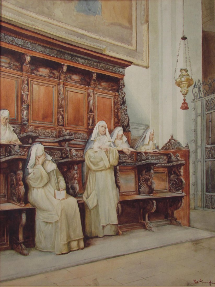 Taringhi watercolor of Nuns in Chapel: Artist: Taringhi, L. (Early 20th Century Italian School) Title: Nuns in Chapel in various Poses Medium: watercolor Dimensions: 18.75 x 14.75 inches Signature: signed lower right Frame Type: <