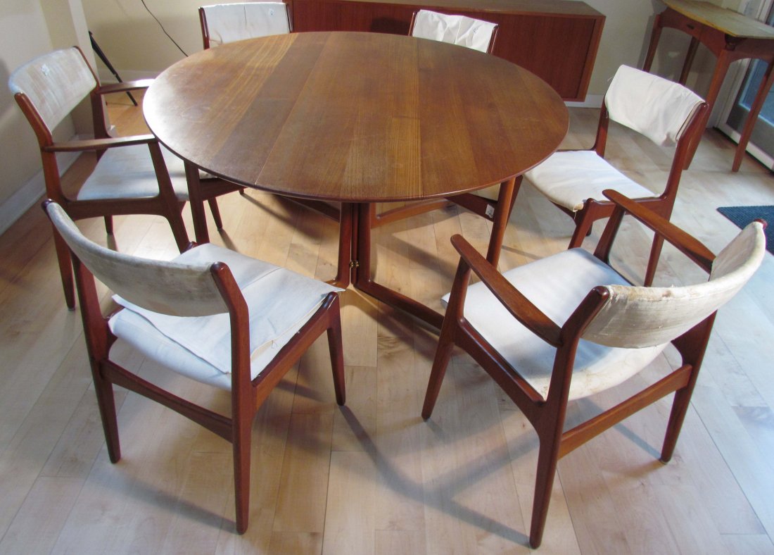 Peter Hvidt & Orla Molgaard-Nielsen Danish Mod Teak Din: Artist: Hvidt, Peter & Orla Mølgaard-Nielsen for France & Søn Title: Danish Modern Teak Gate-Leg Dining Room Table and 6 Chairs Date: c. 1960 Medium: teak, brass Dimensions: 28.5 x 55.5 x 64 inches
