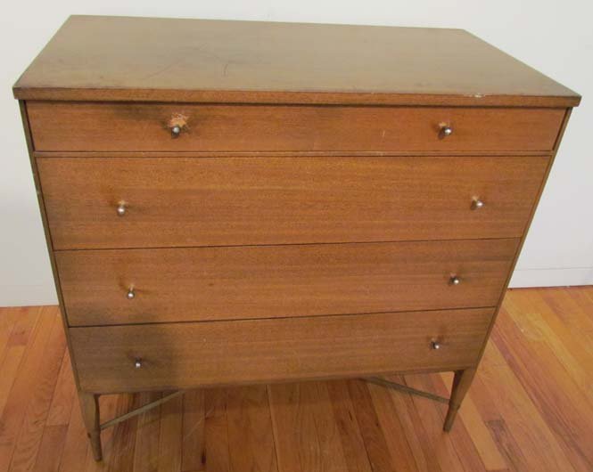 Paul McCobb 4 drawer dresser with chrome pulls: Artist: McCobb, Paul (American, 1917-1969 ) Title: Paul McCobb 4 Drawer dresser with chrome pulls Date: mid 20th century Medium: wood, metal reinforcement brace for legs underside Dimensions: 36 x 3