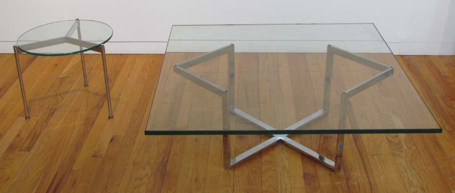 Mid-Century Modern Glass and Chrome Coffee Tables: Artist: Possibly Pace Title: Mid-Century Modern Glass and Chrome Coffee Tables, one large with square top and one small with round top Medium: chrome and glass Dimensions: 15.25 x 40 x 40 inches; 15.7