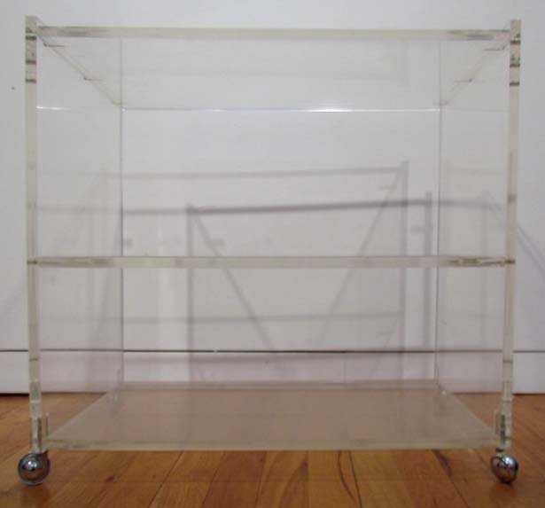 Mid-Century Mod Acrylic Bar Cart: Title: Mid-Century Mod Acrylic Bar Cart Medium: acrylic, chrome castors Dimensions: 21 x 21.8 x 15 inches Signature: wheels stamped Shepherd