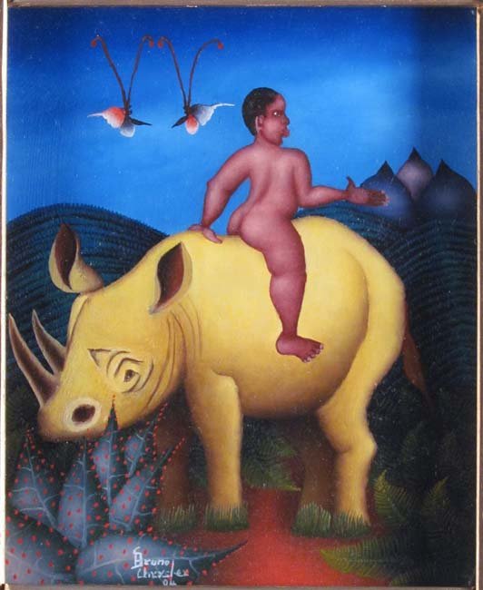Bruno Chrysler 2004 Haitian painting: Artist: Chrysler, Bruno Title: Boy on Rhino Date: 2004 Medium: oil on masonite Dimensions: 10 x 8.25 inches Signature: signed and dated lower left Provenance: Gallerie Macondo,