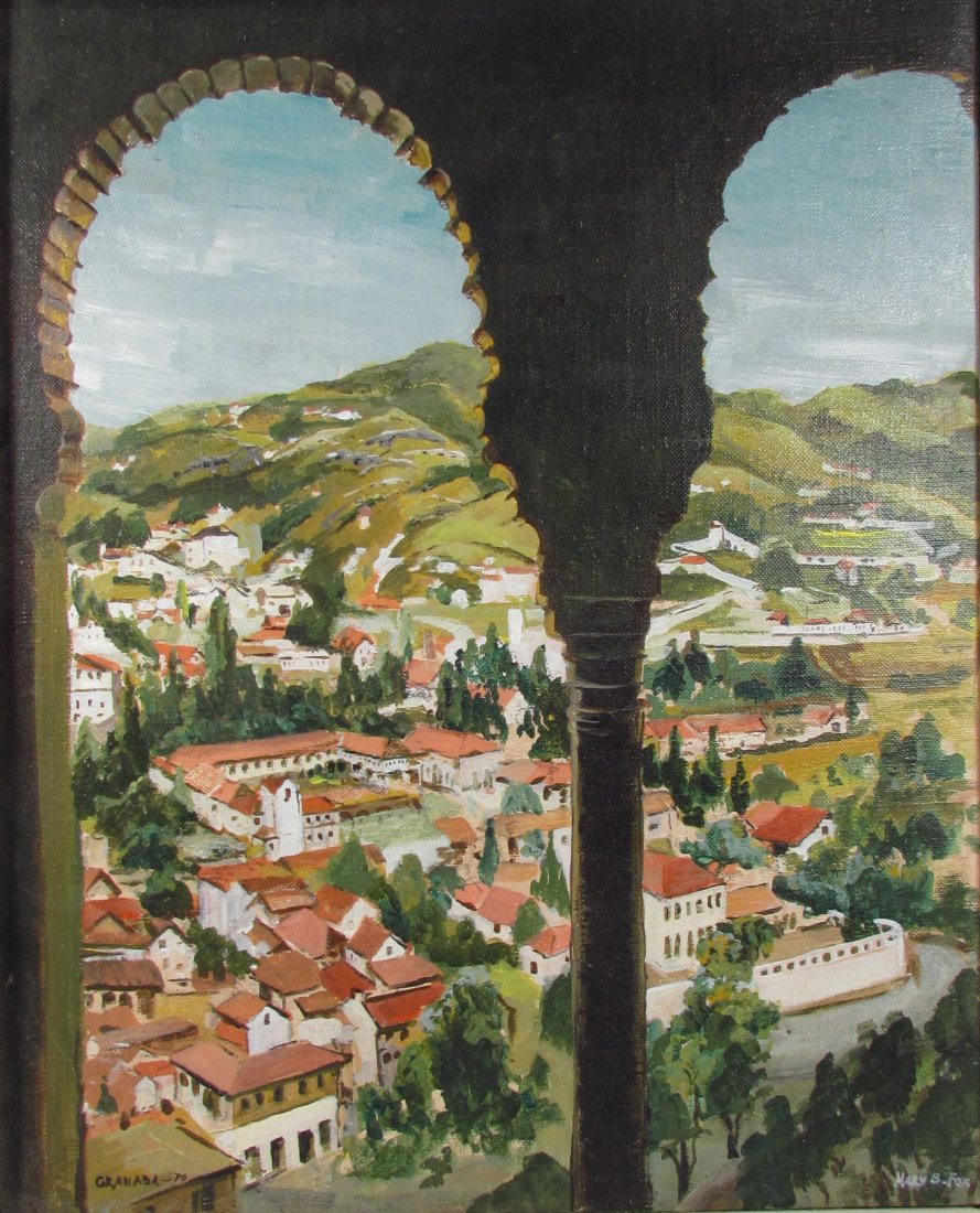 Mary B. Fox 1970 ptg. "Granada from the Alhambra": Artist: Fox, Mary B. (20th Century Western Pa.) Title: Granada from the Alhambra Date: 1970 Medium: oil on canvas Dimensions: 20 x 16 inches Signature: signed Mary B. Fox lower right