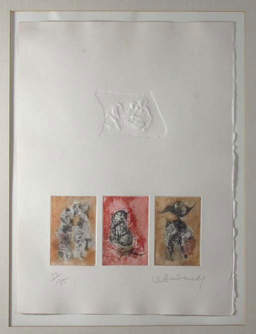 Lebadang Trois Figures lithograph w/ Targan intaglio: Artist: Lebadang, Hoi (French/Vietnamese, b. 1922); Targan, Judy (American, b. 1931) Title: Trois Figures; Blueberry Patch Medium: embossed etching with intaglio; inkless intaglio relief Dimensions: 1