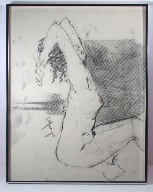 Drawing of Seated Female Nude: Artist: Possibly Lofsinger Title: Seated Female Nude Medium: charcoal drawing Dimensions: 21 x 18 inches Provenance: The Estate of Herbert Seigle Frame Type: silver metal Frame Size