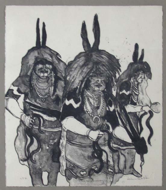 Kevin Red Star orig litho "Snake Ceremony": Artist: Red Star, Kevin (born 1943 Native American MT/NM) Title: Snake Ceremony Medium: color trial proof lithograph Dimensions: 11 x 9.75 inches Edition: inscribed c.t.p. Signature: penci