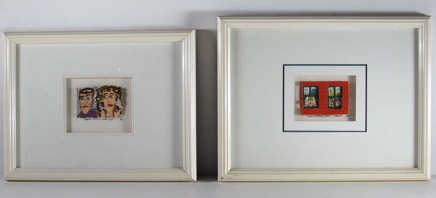2 James Rizzi original cutout multiples: Artist: Rizzi, James (American, born 1950) Title: "Smoke Gets in Your Eyes" and "Twos Company Threes A Crowd" Date: 1990 Medium: hand cut serigraph with 3D construction Dimensions: 2 x 3 inches each