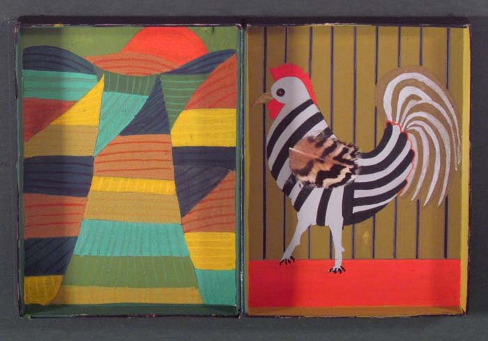 Margaret Schiff Painted Shadow Box Collage: Artist: Schiff, Margaret attributed to: Title: So the Day Begins Date: 1975 Medium: painted collage and shadowbox Dimensions: 13 x 14.5 inches Signature: Signed, titled, dated on reverse <