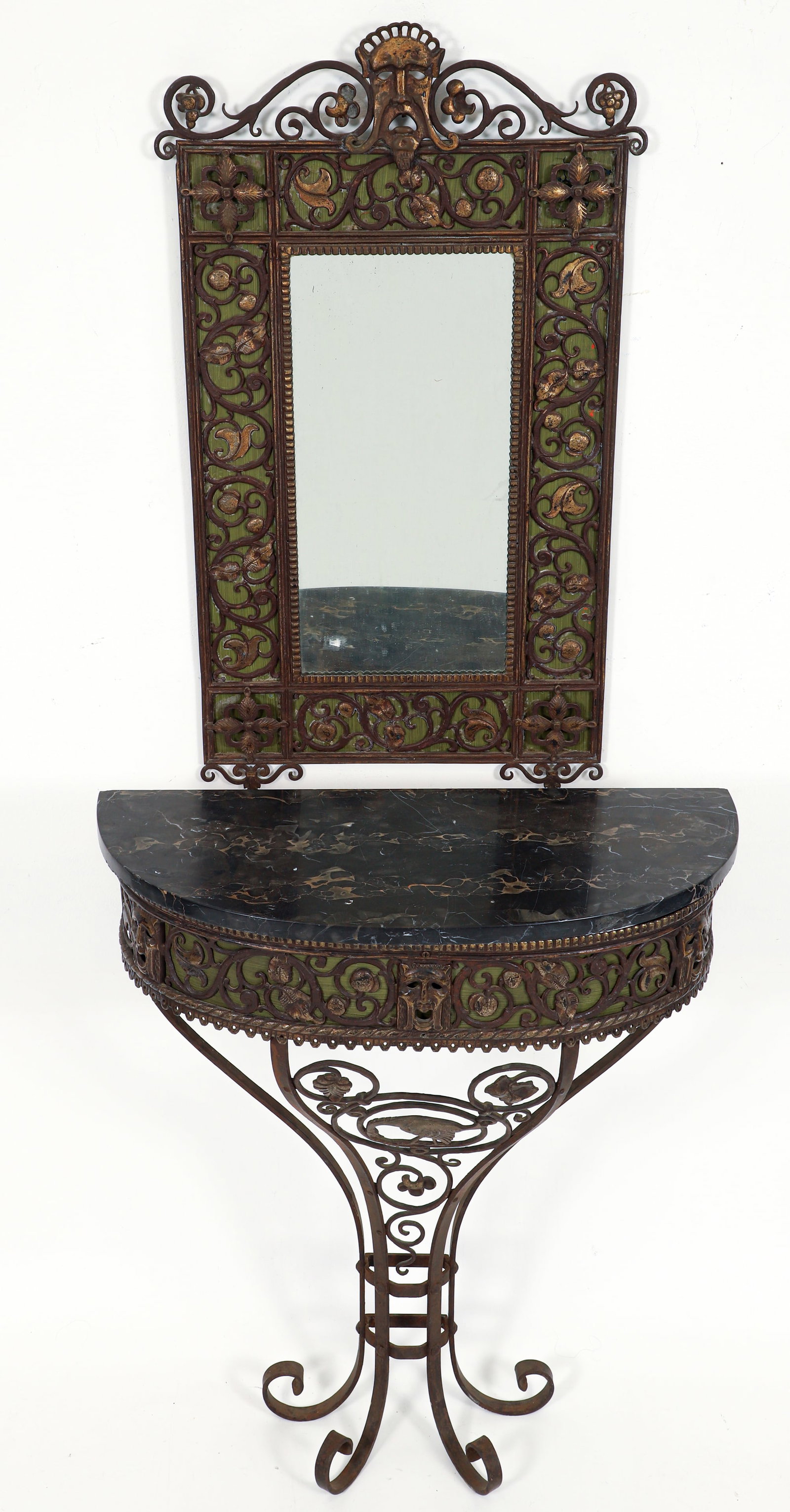 Oscar Bach Mirror and Demilune Console Table: Oscar Bruno Bach (German/American, 1884-1957), Demilune console table and mirror, USA, New York, NY, 1920s. Patinated bronze and tinned sheet iron with green enamel background panels. Intricate foliat