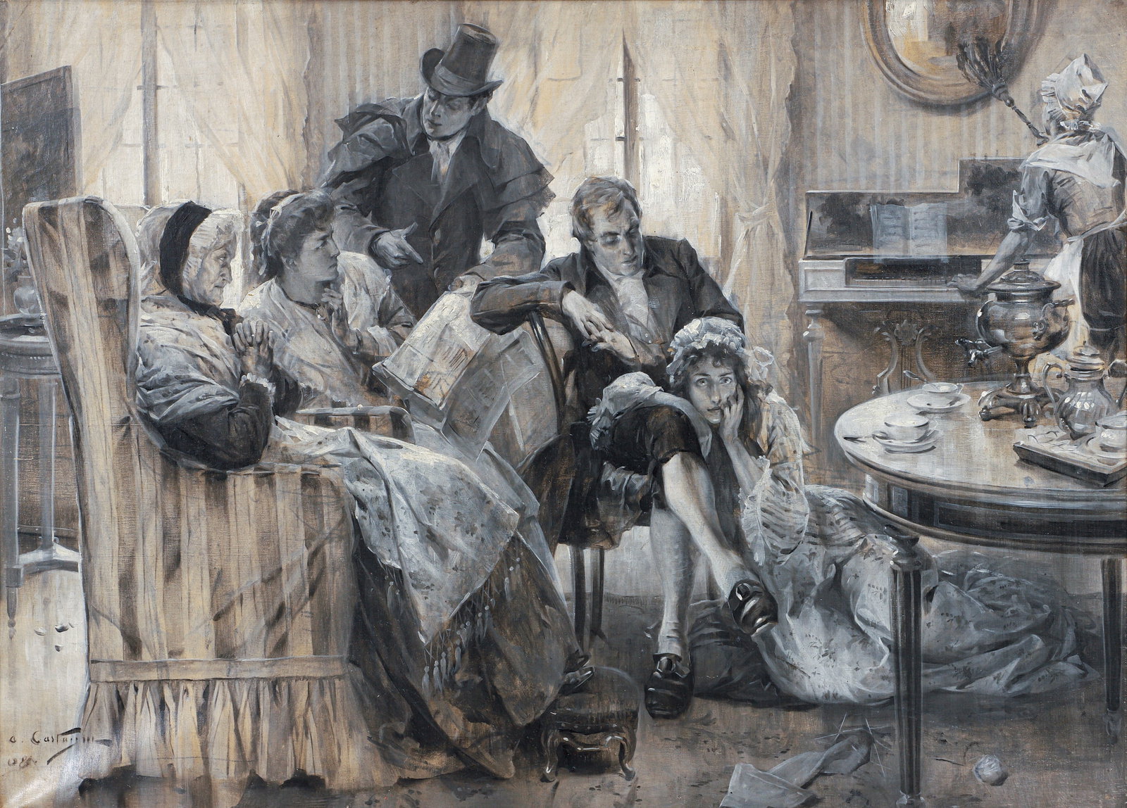 Andre Castaigne 1908 Original Illustration Art Oil on Canvas: Castaigne, Jean Andre (French, 1860-1930), Family After the Meal, 1908, oil on canvas, signed and dated lower left, 22 x 30.5 inches, framed 24 x 33 inches. Provenance: Personal collection of Edward J
