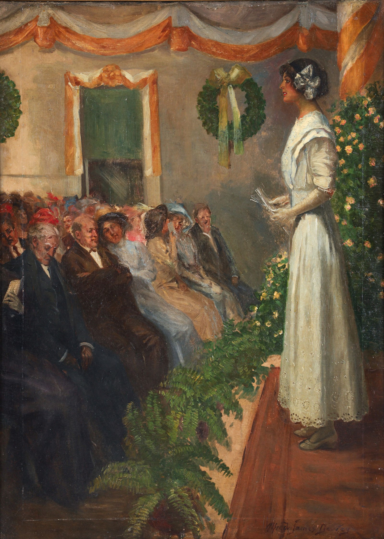 Alfred James Dewey Oil On Canvas Waiting for the Groom: Dewey, Alfred James (American, 1874-1958), Bride Waiting for the Groom, undated, c.1920s, oil on canvas, relined, signed lower right, 36 x 26 inches, framed 44 x 33 inches. Dewey specialized in calend